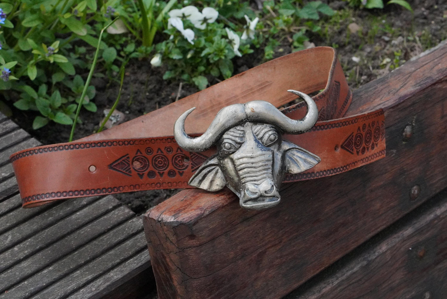 Vintage Buffalo Buckled Belt| 70s Leather Safari Western Tribal Tooled Boho Accessory