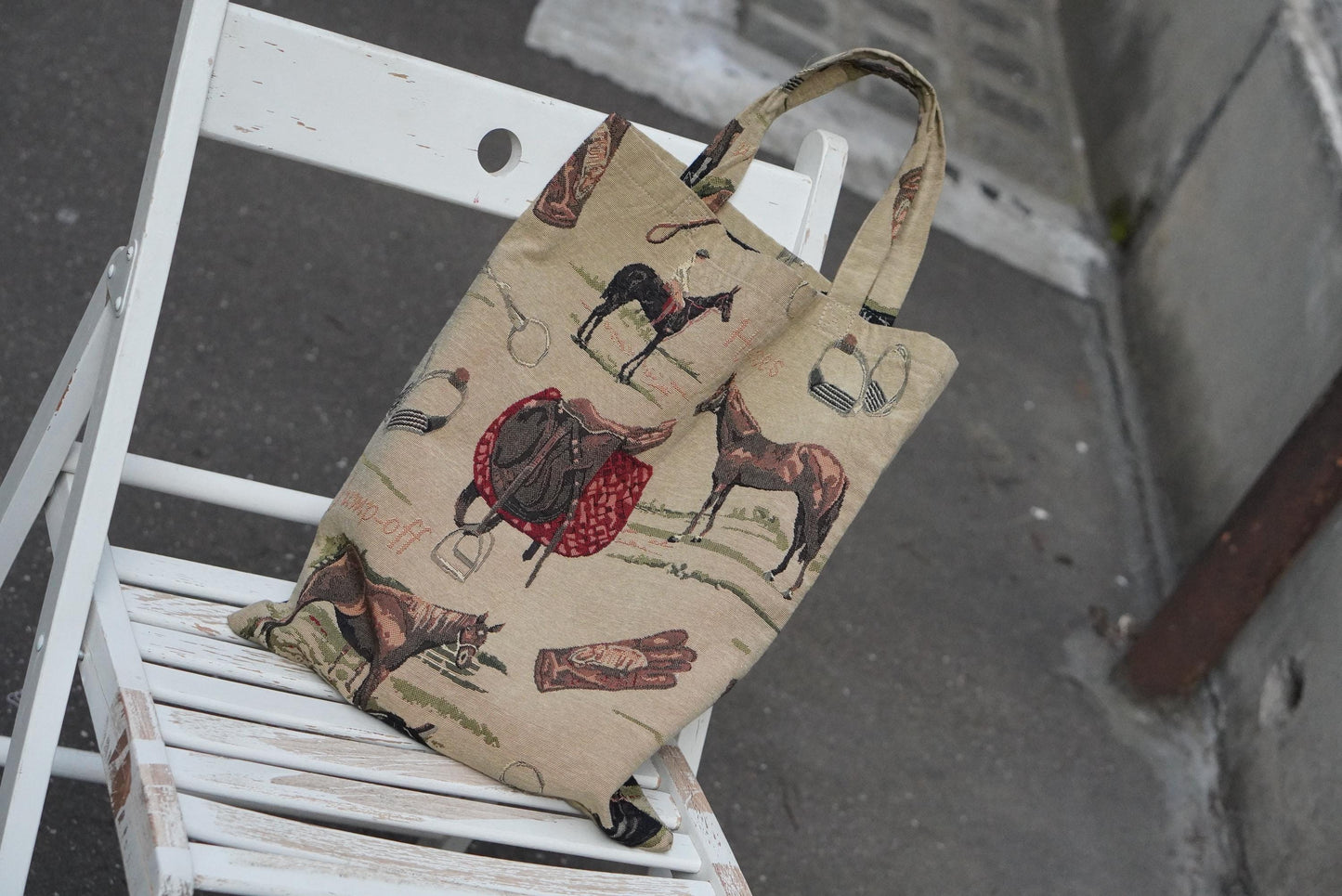 Vintage Equestrian Tapestry Tote Bag Horse Print Gobelin Style Shoulder Bag Tan