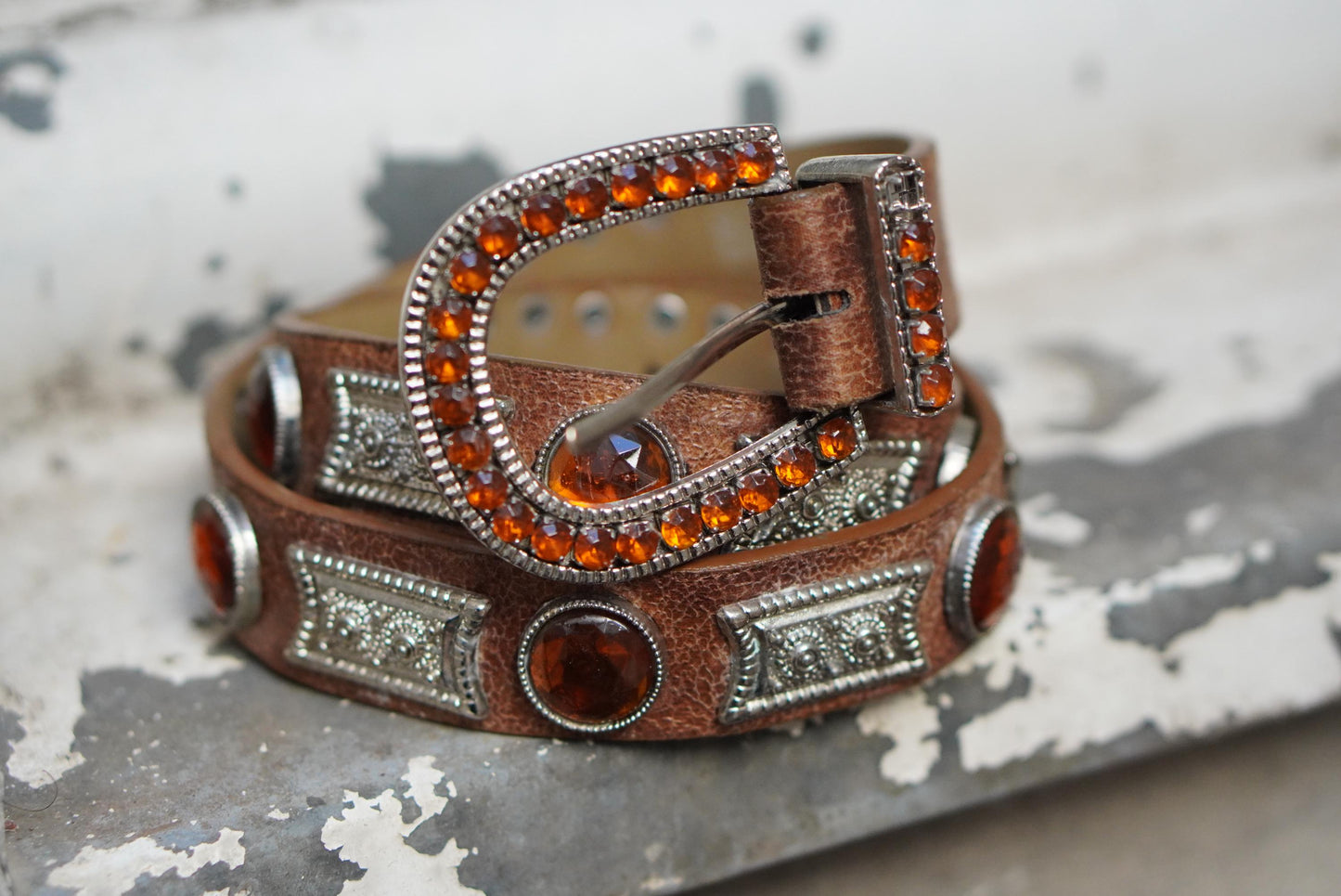 Vintage Western Leather Belt Amber Rhinestone Jeweled Buckle Boho Cowgirl 85cm