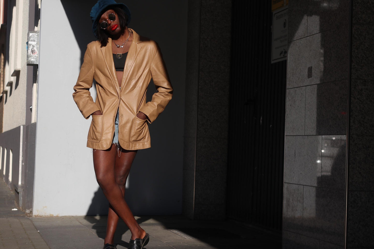 Vintage Leather Blazer Tan Brown Oversized Leather Jacket 90s Minimalist Coat