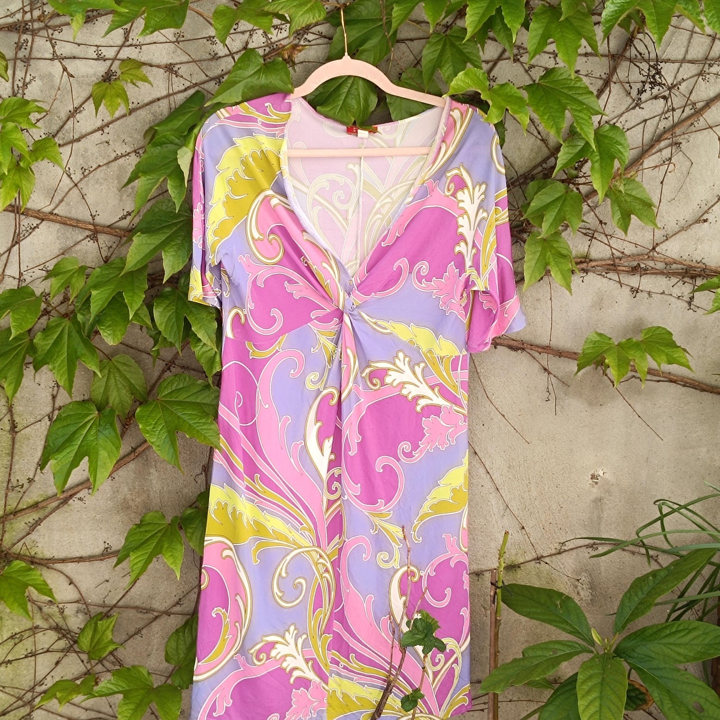 Vintage 70s Psych Print Dress Retro Pucci Style Mini Pink Purple Abstract V-Neck