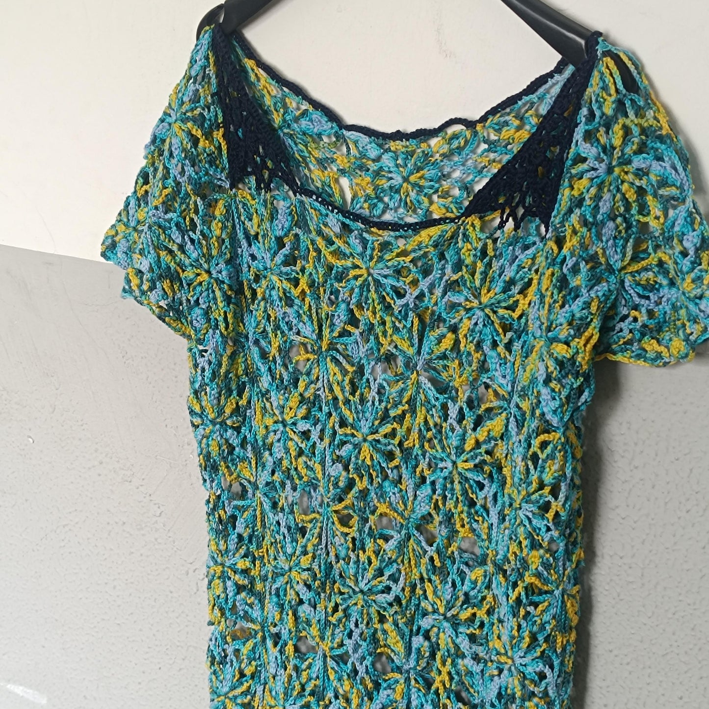 Crochet Lace Tunic Vintage Boho Floral Knit Top Turquoise Yellow Mesh Beach Coverup
