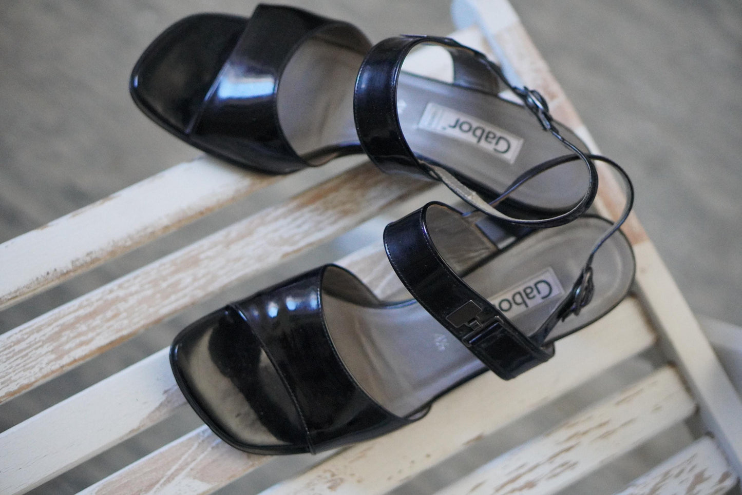 Gabor Vintage 90s Black Patent Leather Sandals Block Heel Slingback UK 4.5 EU 37.5