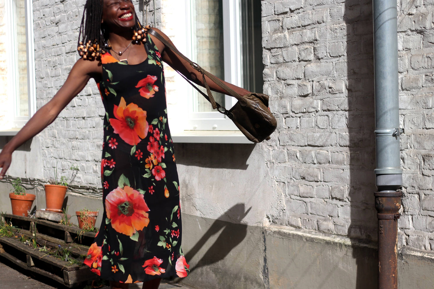 Vintage Black Floral Mid-Length Dress Size Small