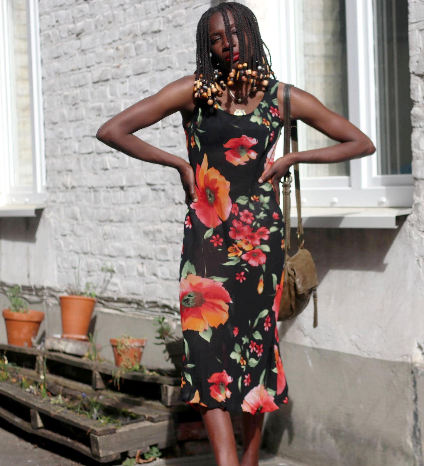 Vintage Black Floral Mid-Length Dress Size Small