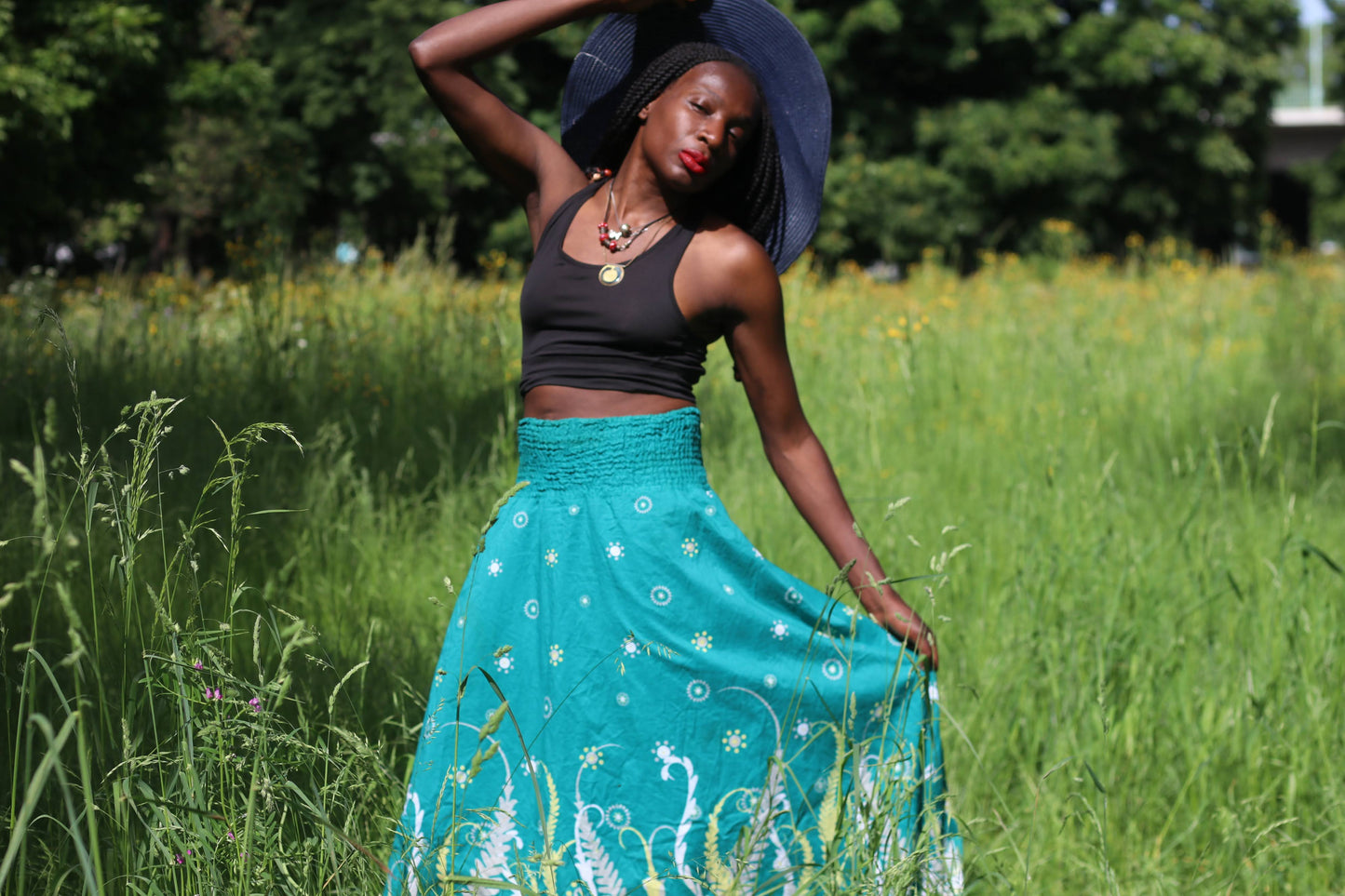 Vintage 90s Teal Patterned Boho Maxi Skirt - High Waist Cotton Festival Skirt