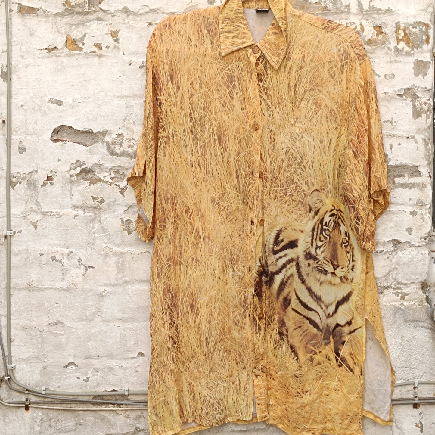 Vintage 90s Tiger Graphic Shirt Oversized Silk Blend Yellow Animal Print Blouse