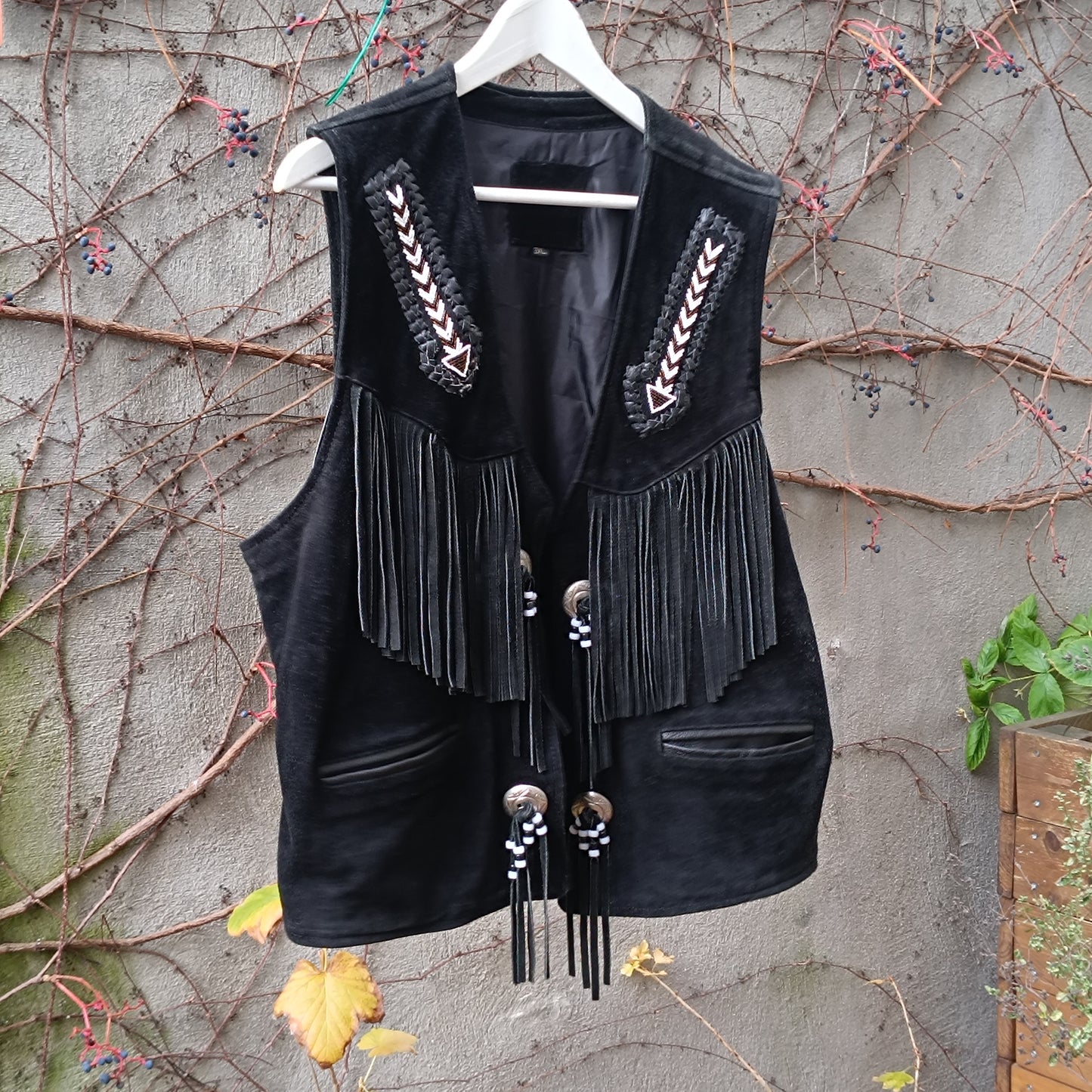 Vintage Suede Fringe Vest Black | Embroidered Western Boho Unisex Waistcoat