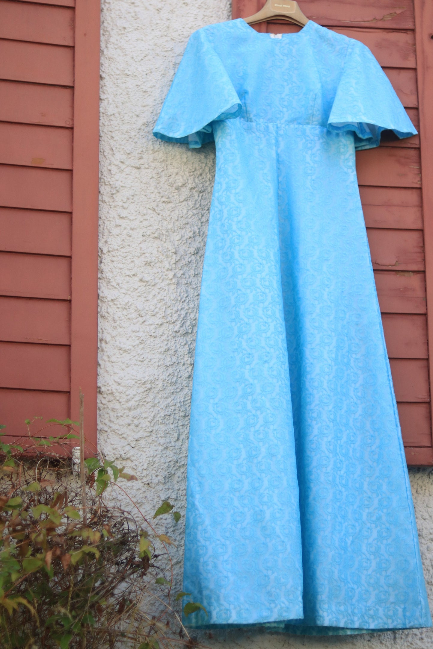 Vintage 70s Maxi Blue Lace Dress Bohochic Elegant Short Sleeved Retro Size Small XS