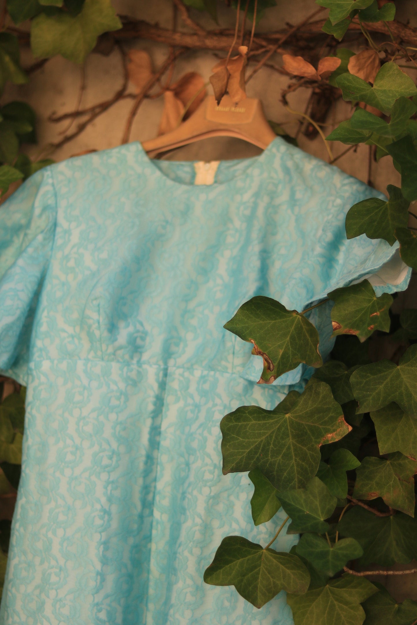 Vintage 70s Maxi Blue Lace Dress Bohochic Elegant Short Sleeved Retro Size Small XS