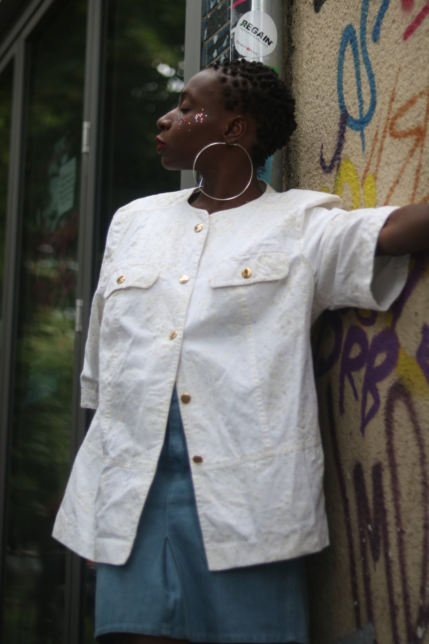 Vintage 80s White Blazer Shirt with Statement Buttons and Print Size Small