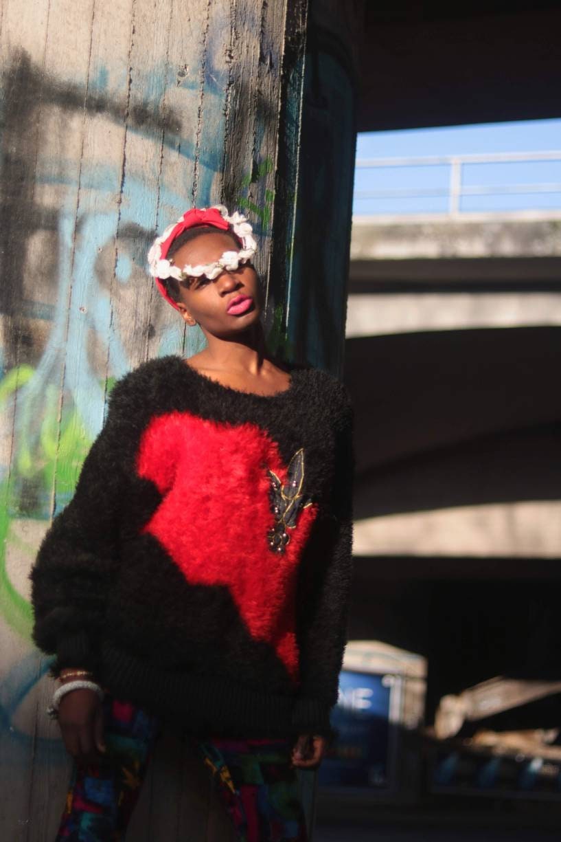 80s Red and black Fuzzy Sweater| Vintage crazy print jumper| Ugly Christmas Jumper| Maximalist winter knit with statement motif size small