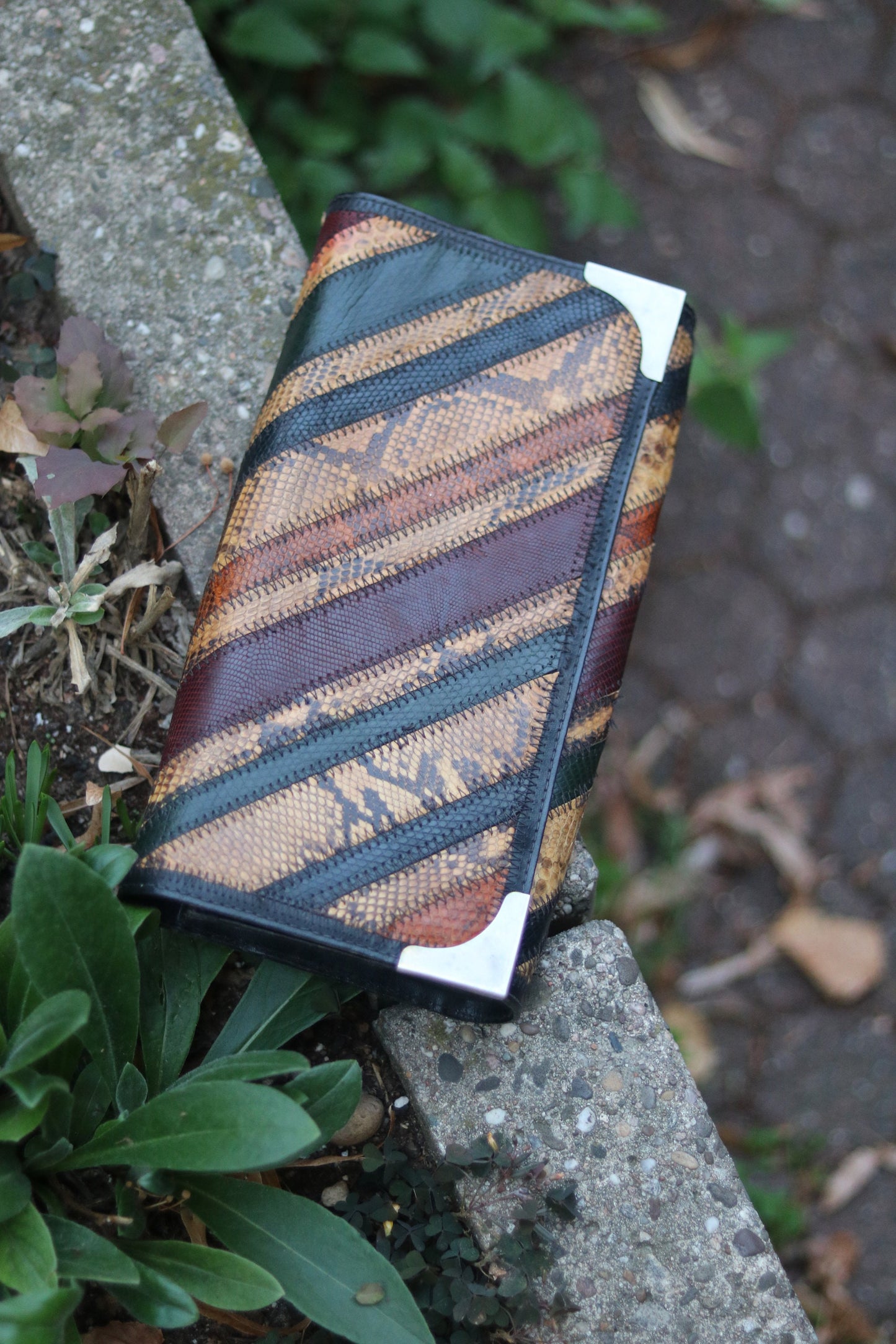Exotic Vintage Leather and Snake Skin Multi Coloured Clutch from 70s