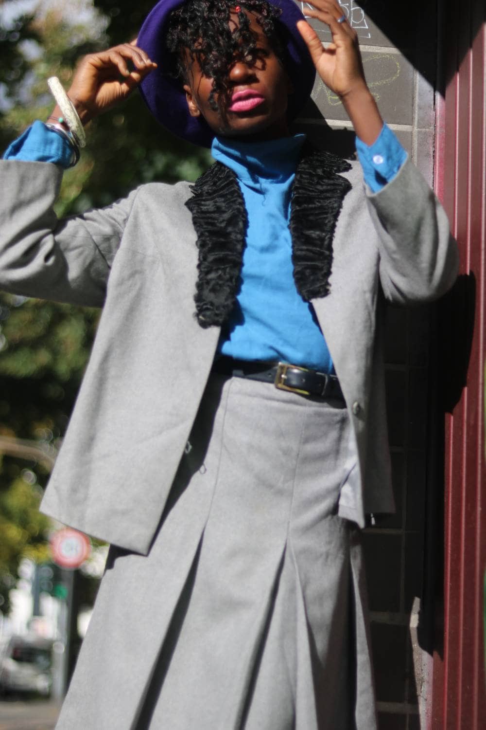 Handmade Grey Skirt Suit| Vintage 60s Monochrome fur lined blazer Suit with statement Collar and Pleated Skirt. ladylike Chic