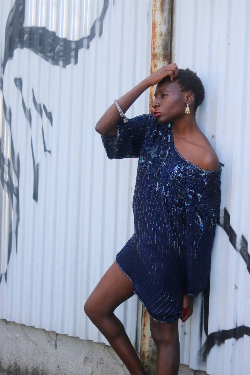 Vintage Creation Atelier GJ Sequinned Silk Blue Oversized Tunic Size S M