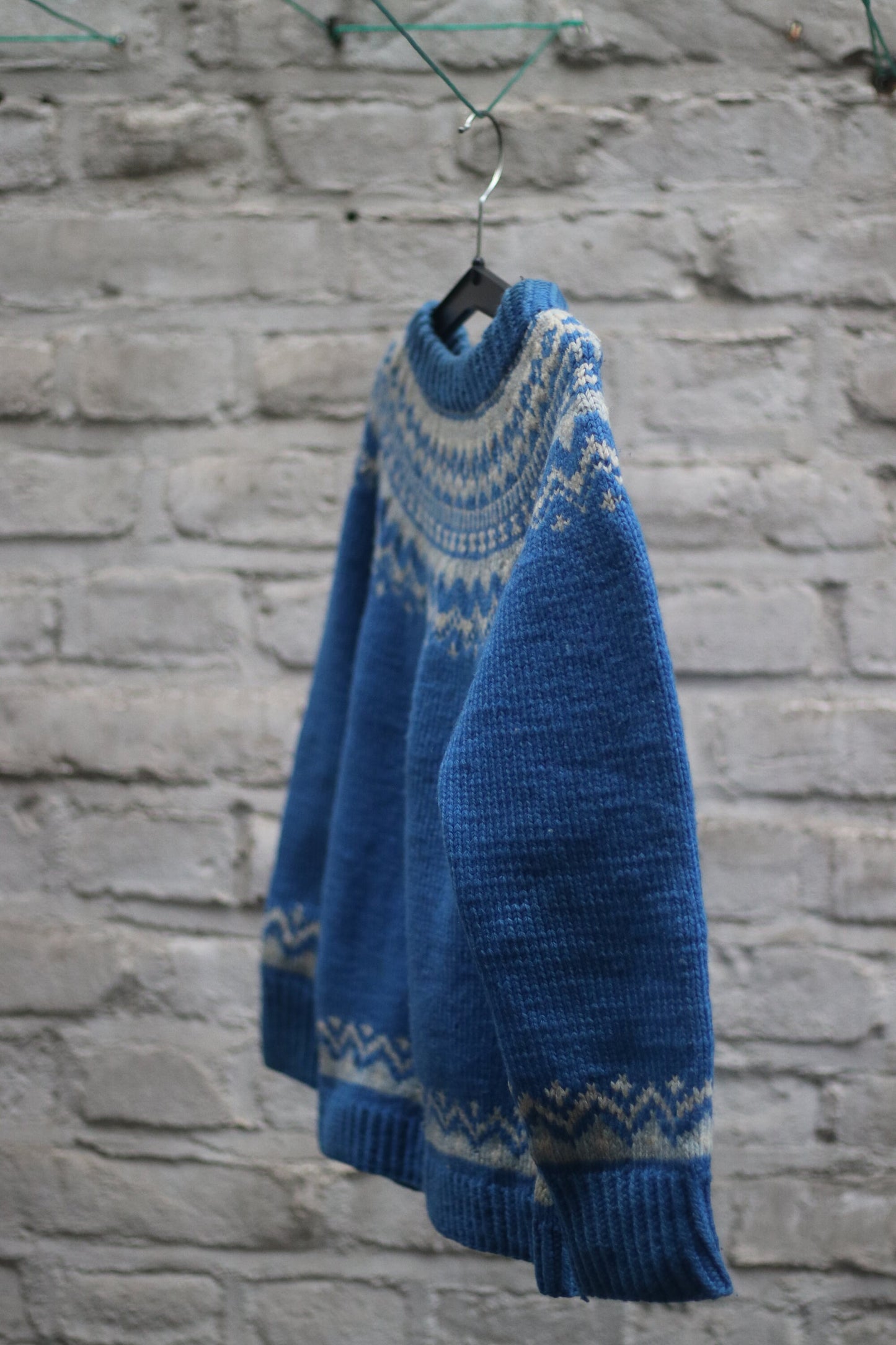 Handknit Winter Sweater in Blue and White | Vintage Thick Pullover Sweater Size Small to XS