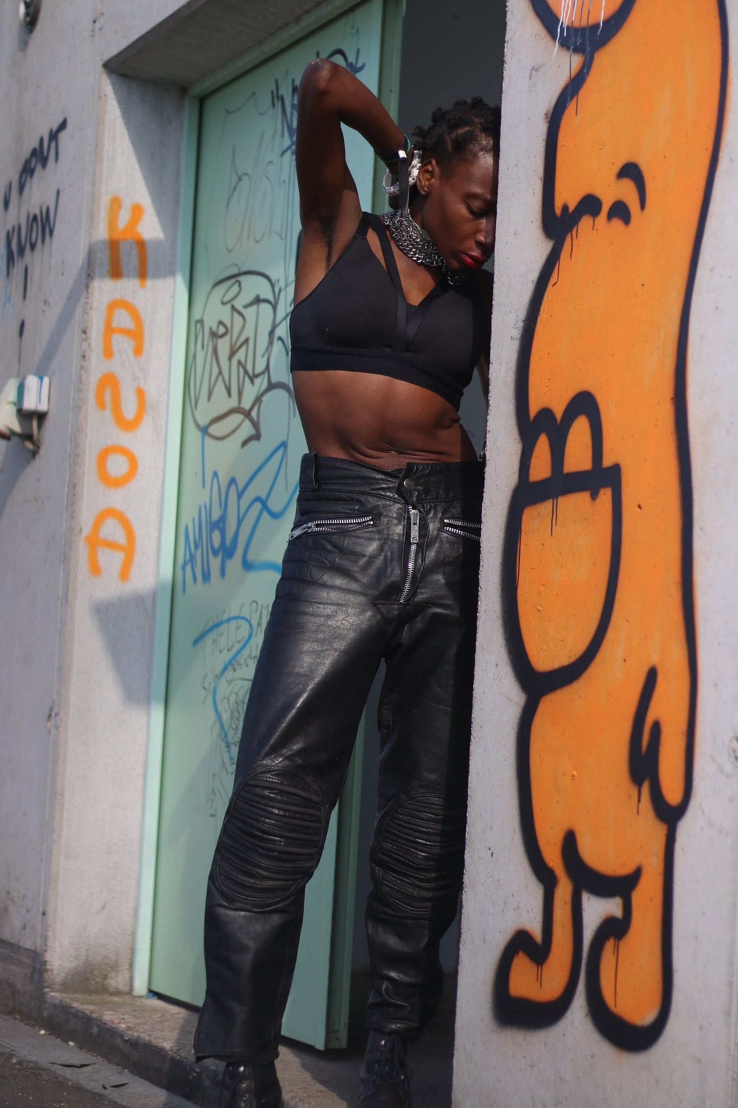 Vintage 90s Black Leather Biker Trousers with Zipper Details Size small to medium