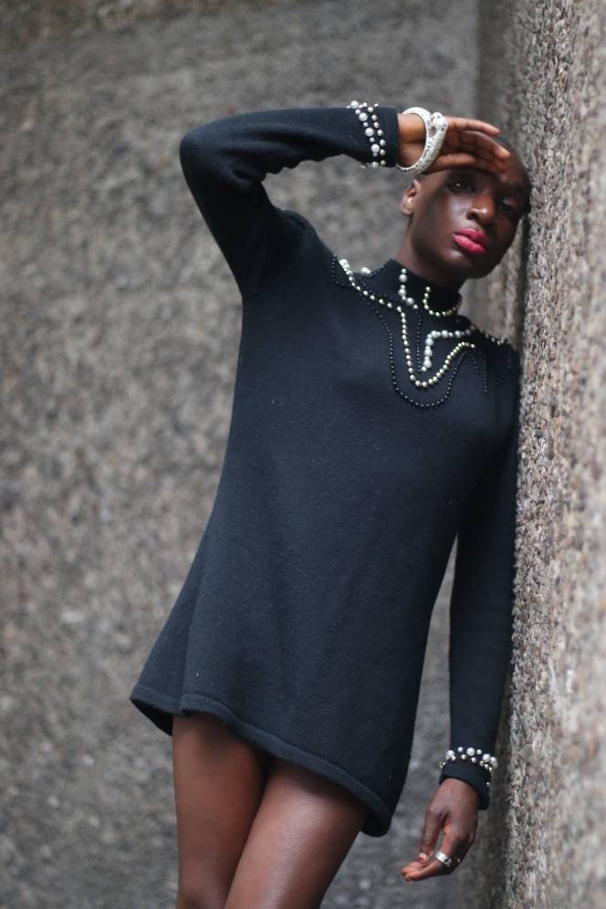 Vintage 80s Louis London Black Embellished High Necked Sweater size small