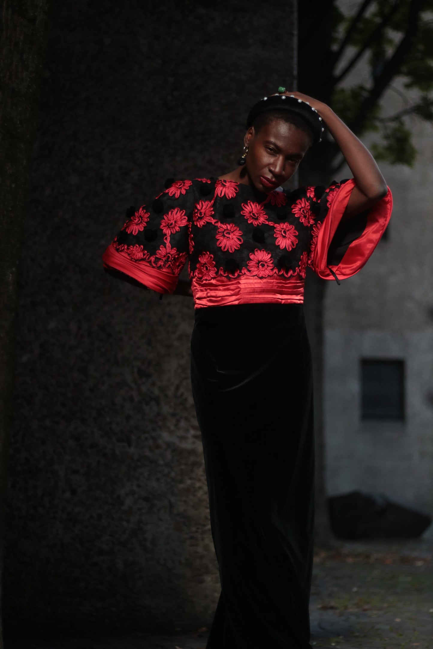 80s Evening Gown| Vintage handmade red and black ball gown with lace and floral embroderied details