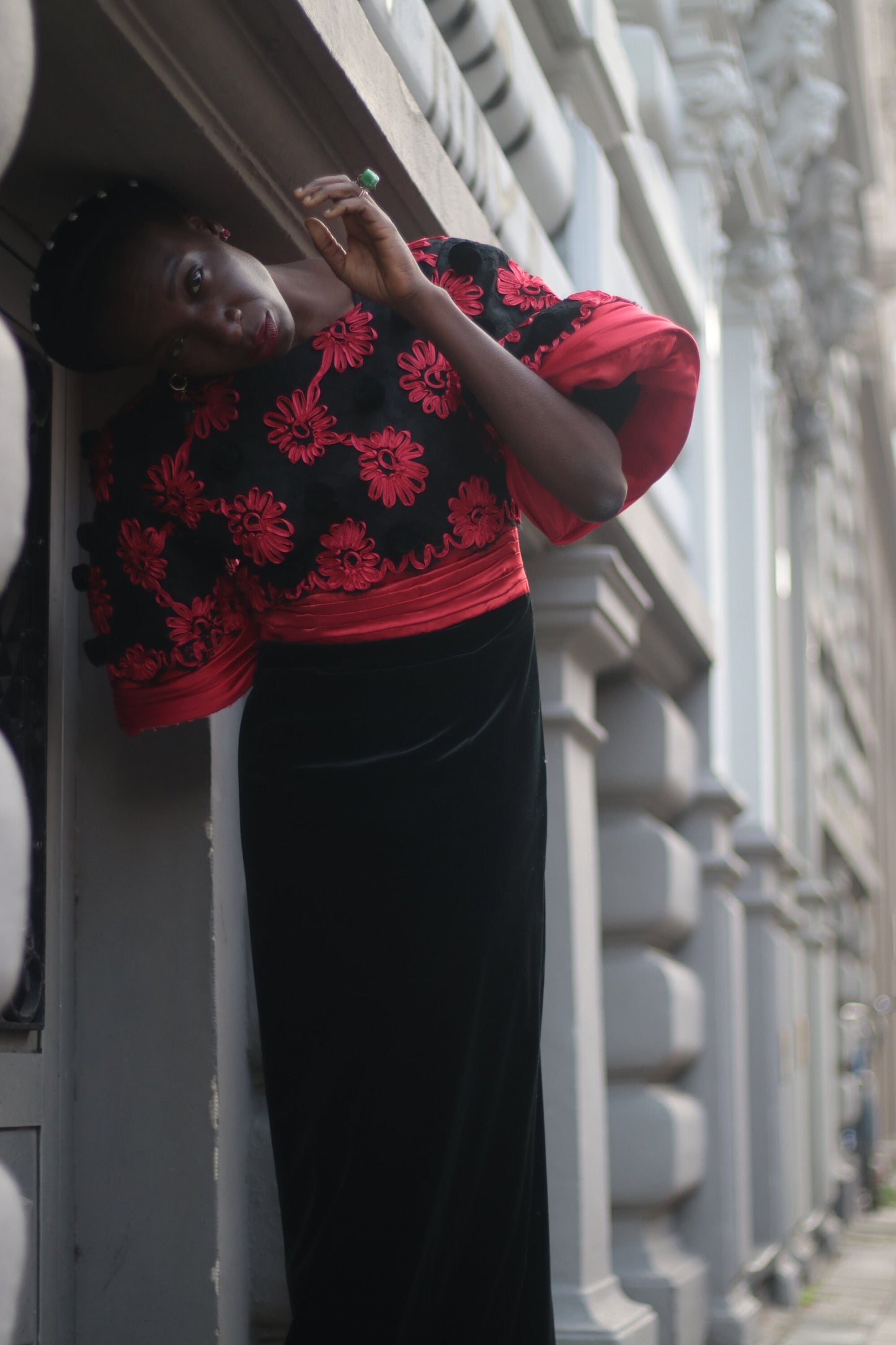 80s Evening Gown| Vintage handmade red and black ball gown with lace and floral embroderied details