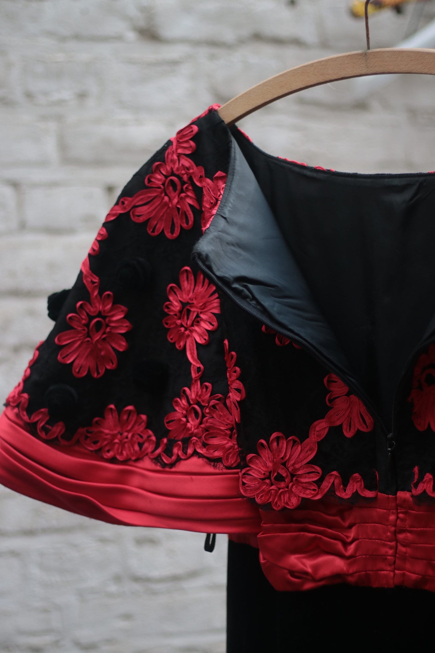 80s Evening Gown| Vintage handmade red and black ball gown with lace and floral embroderied details