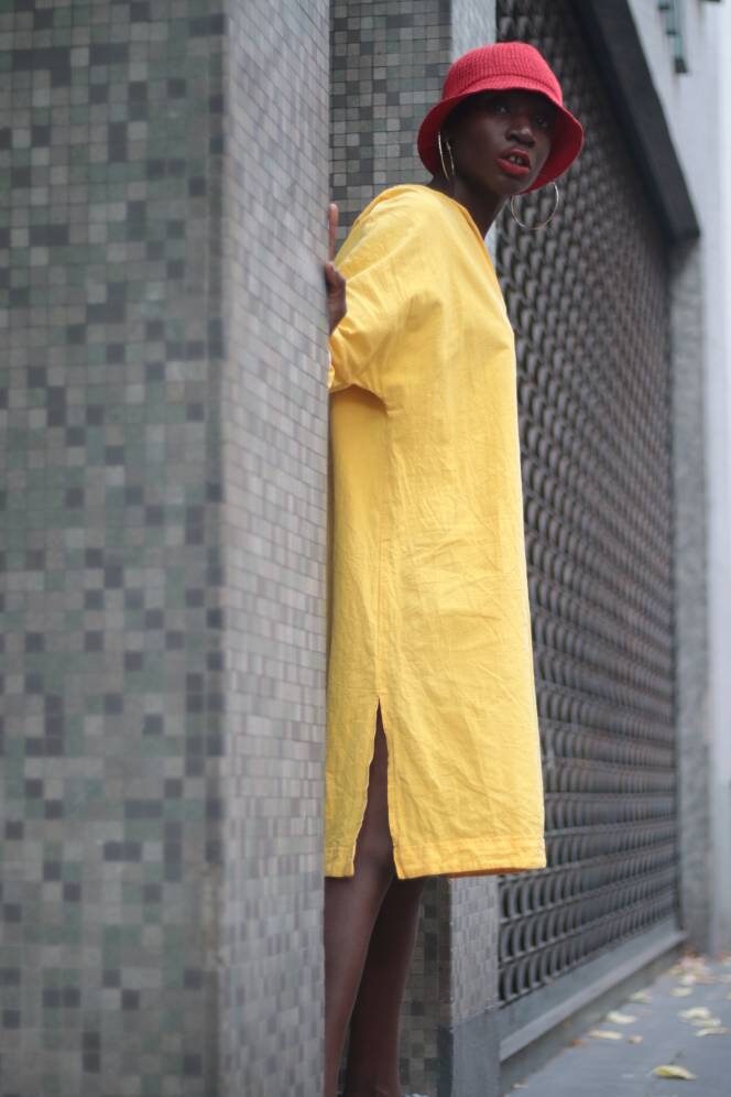 Vintage Bold Yellow Dress with slits at the hemline 90s Summer Dress