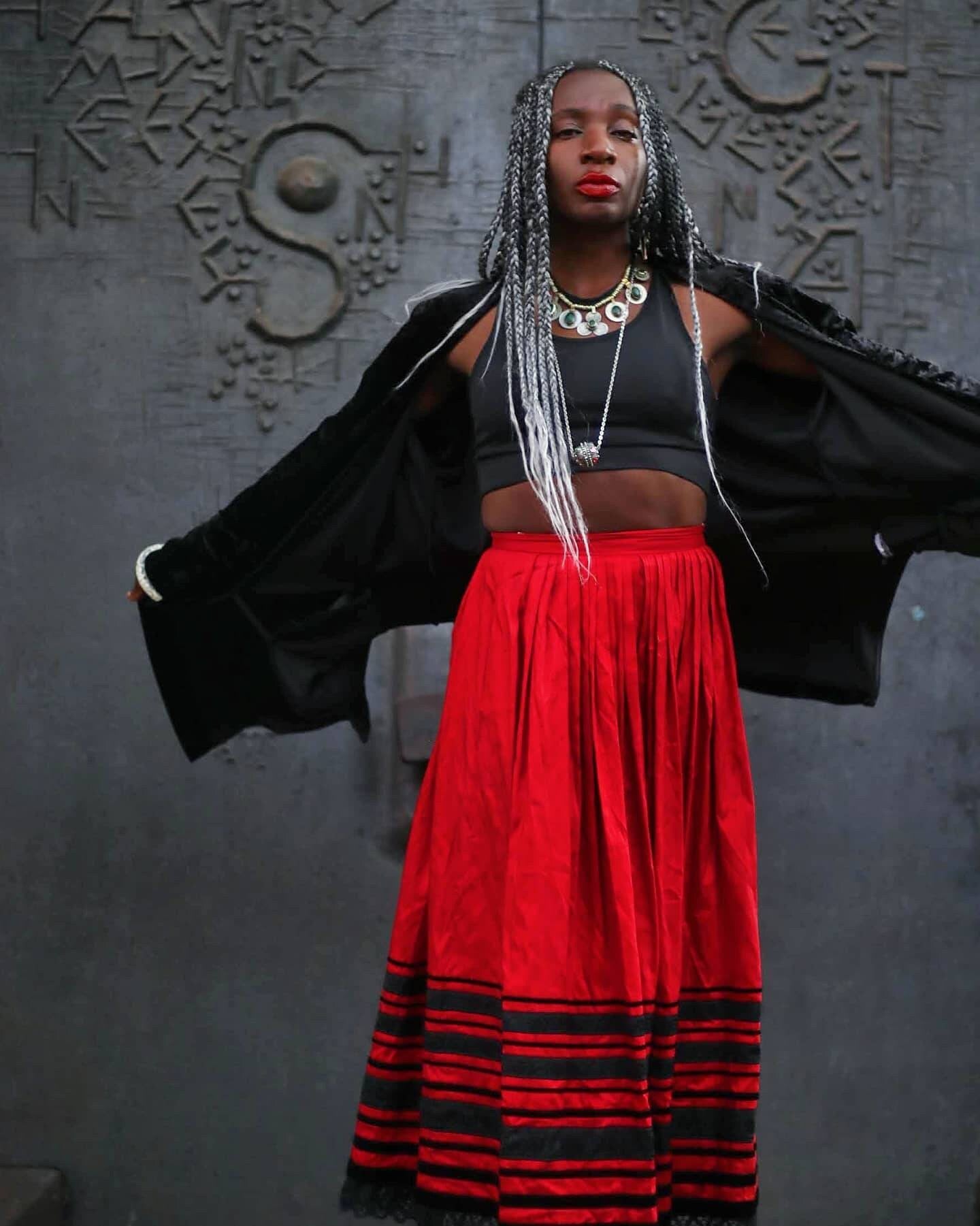 80s Red Skirt with Black embroidered Lace details| Midi ankle length bohemian high-waisted skirt