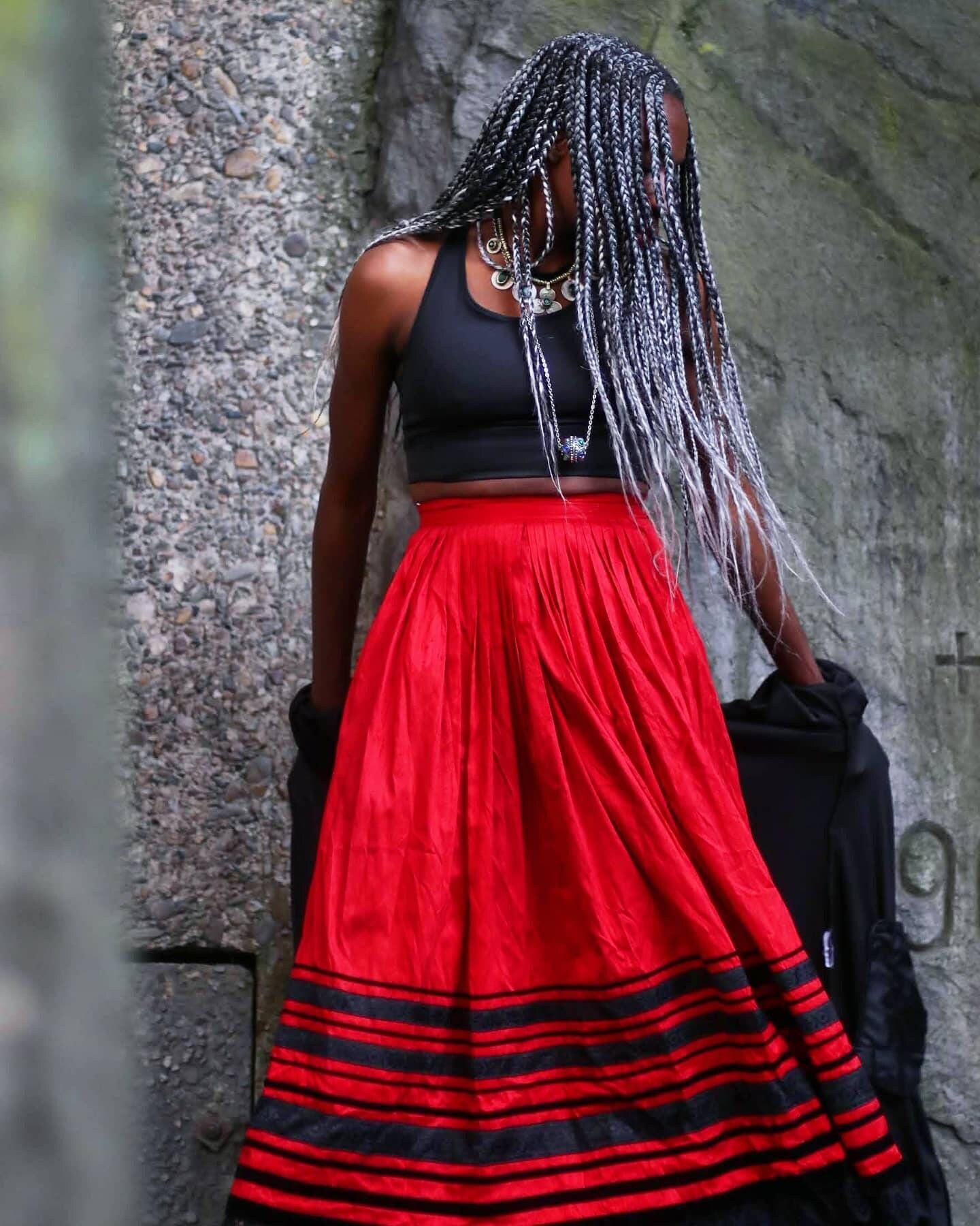 80s Red Skirt with Black embroidered Lace details| Midi ankle length bohemian high-waisted skirt