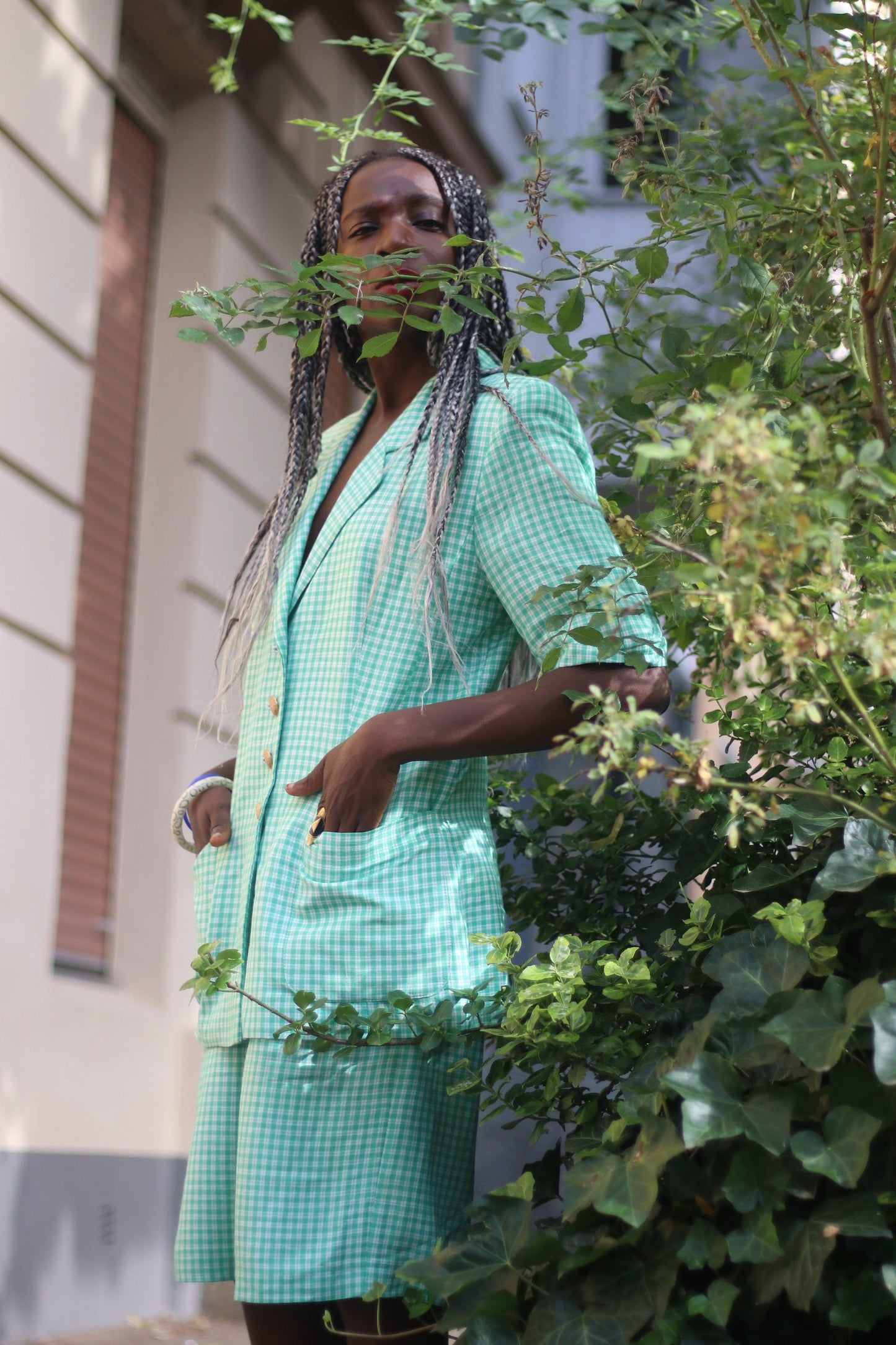 80s Sergio Cassani Suit| Checkered Green Skirt Suit | Country cool two-piece plaid linen blend design