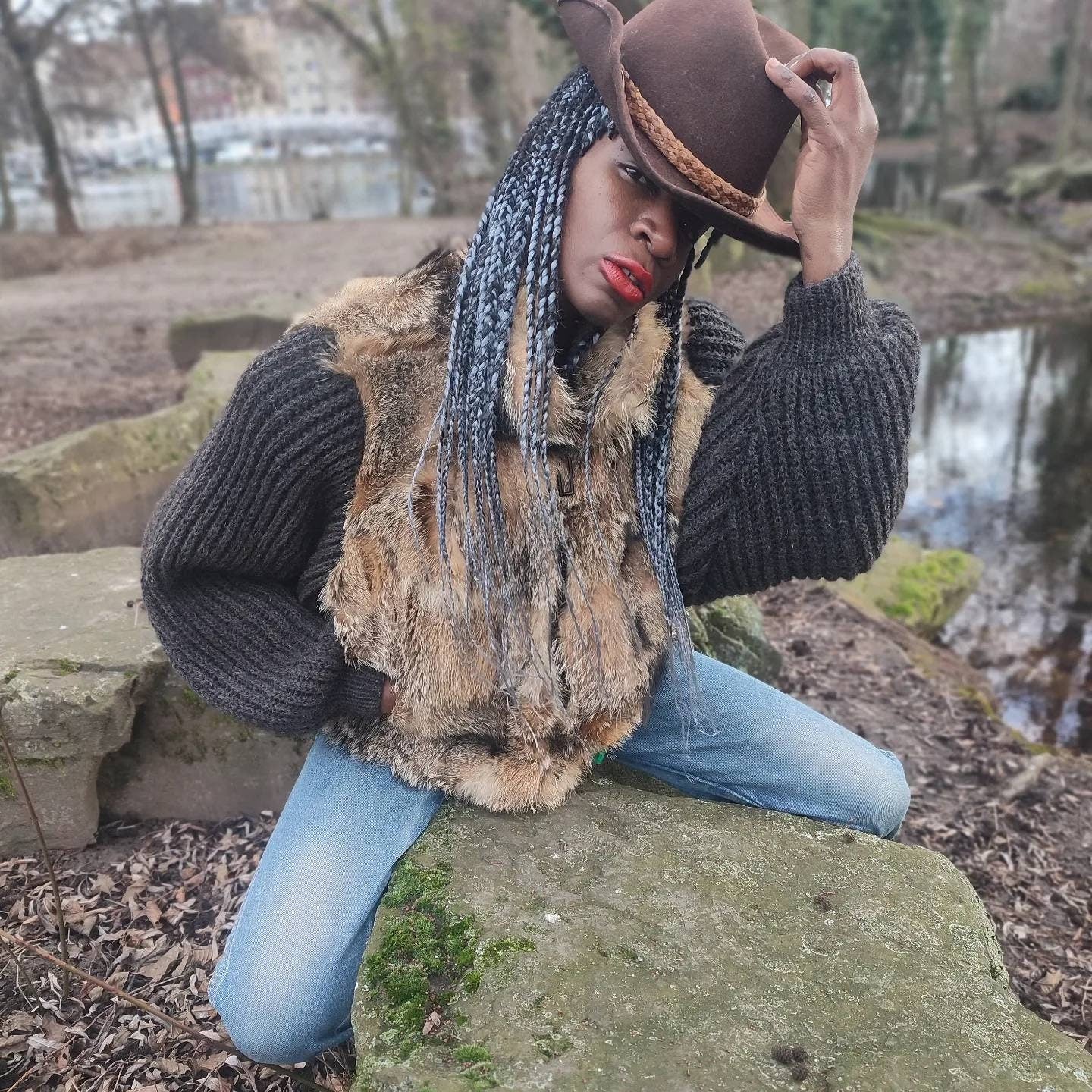 70s Knitted Fur Winter Jacket | Vintage Mixed Media brown and grey Winter Coat| Women's cozy cardigan