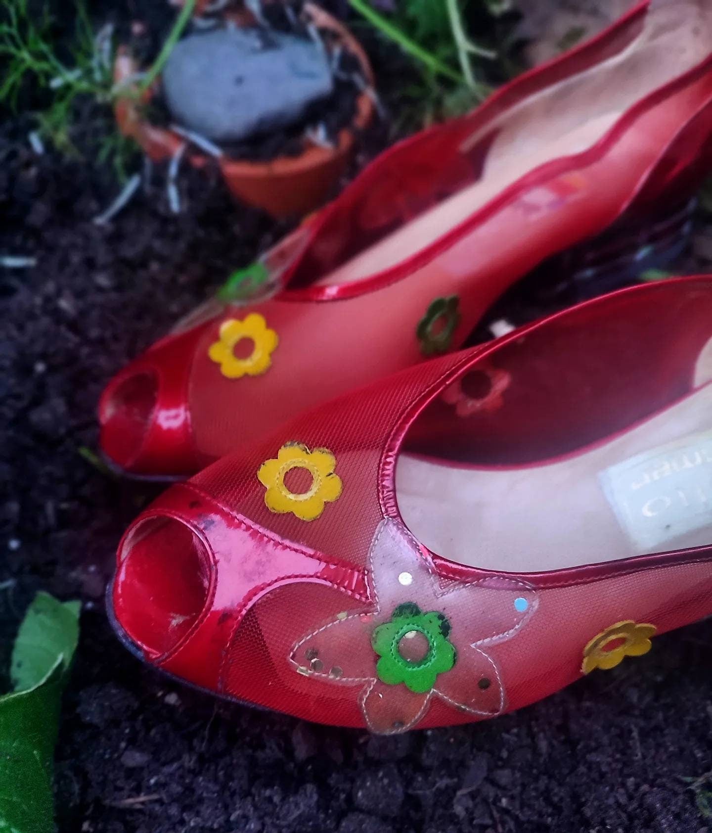 Martello by Hammer Red Slip In Shoes| Vintage Statement Red heels| Floral and sheer flats floral