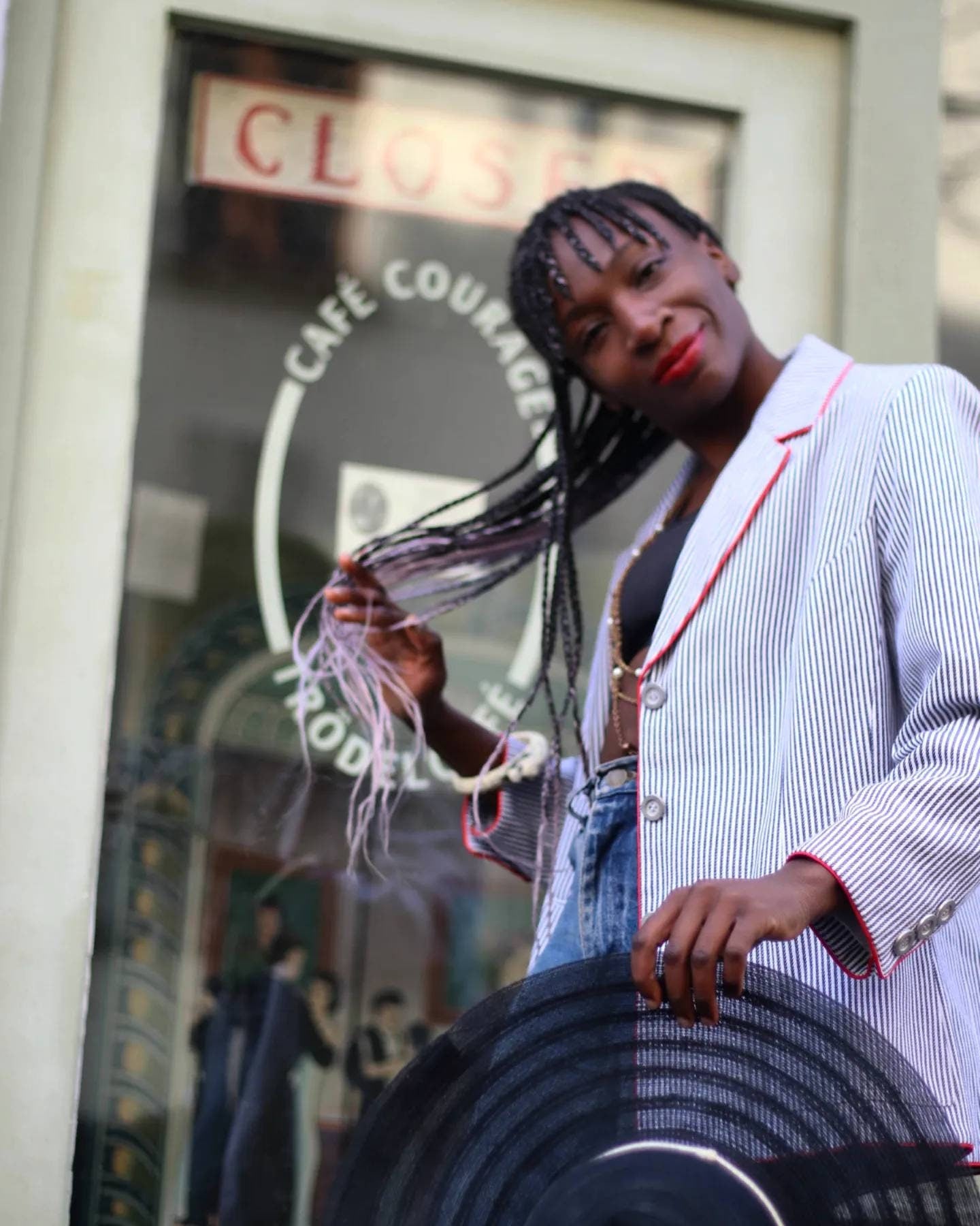 E E elegance Striped Blazer | Vintage 90s Breton inspired blazer with red details | Blue and White Preppy tailored blazer
