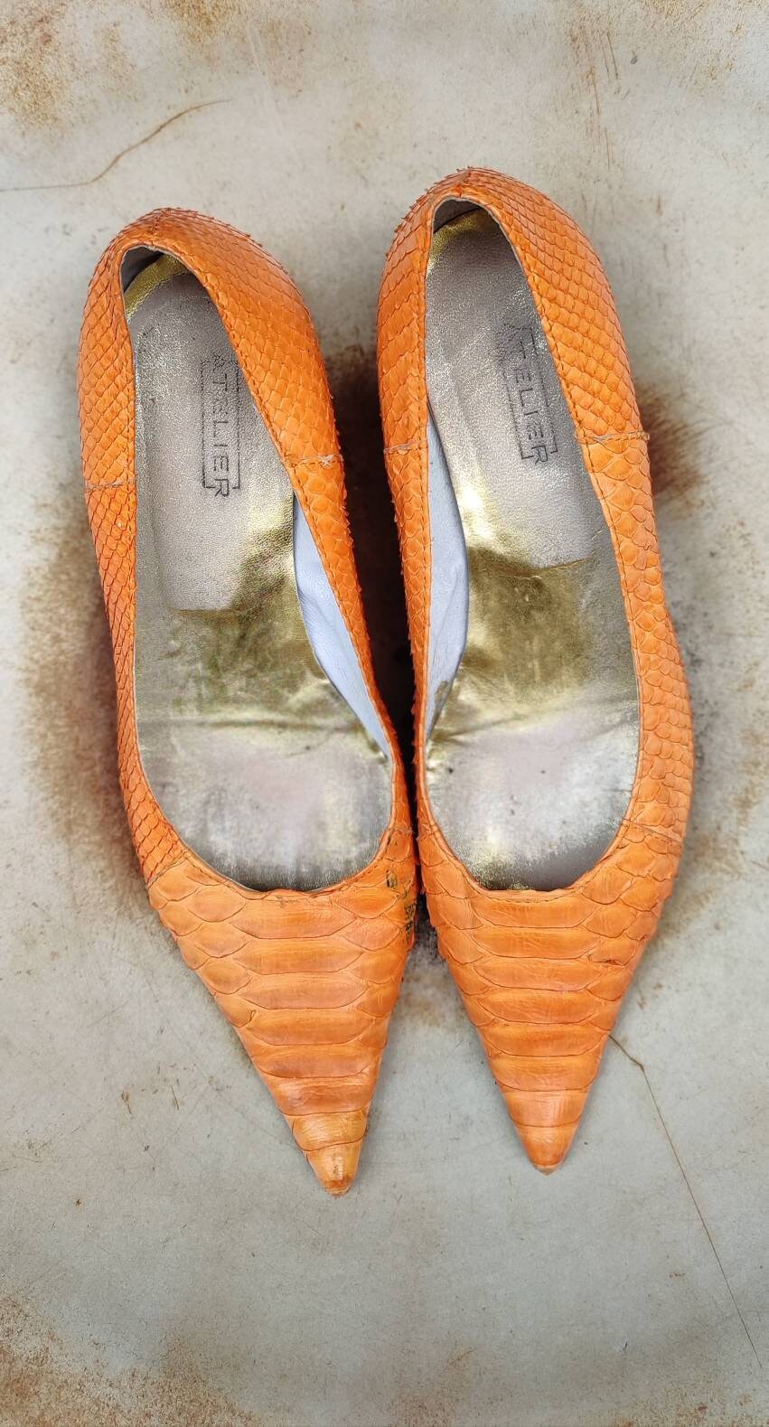 Vintage Pointed-toe heels| Bold orange leather flats made in Italy