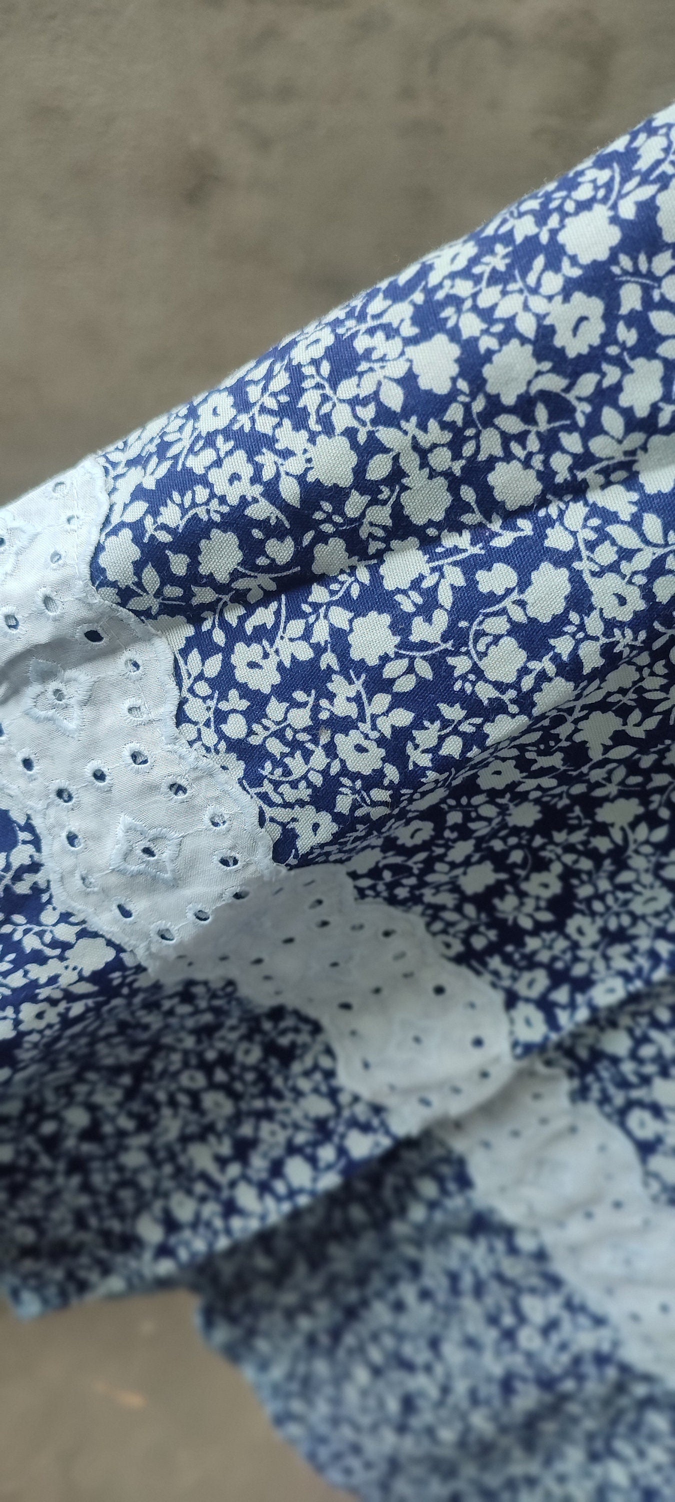 Vintage Bohemian Skirt| 70s Floral Print Blue and White Skirt with lace like details Broderie Anglais skirt