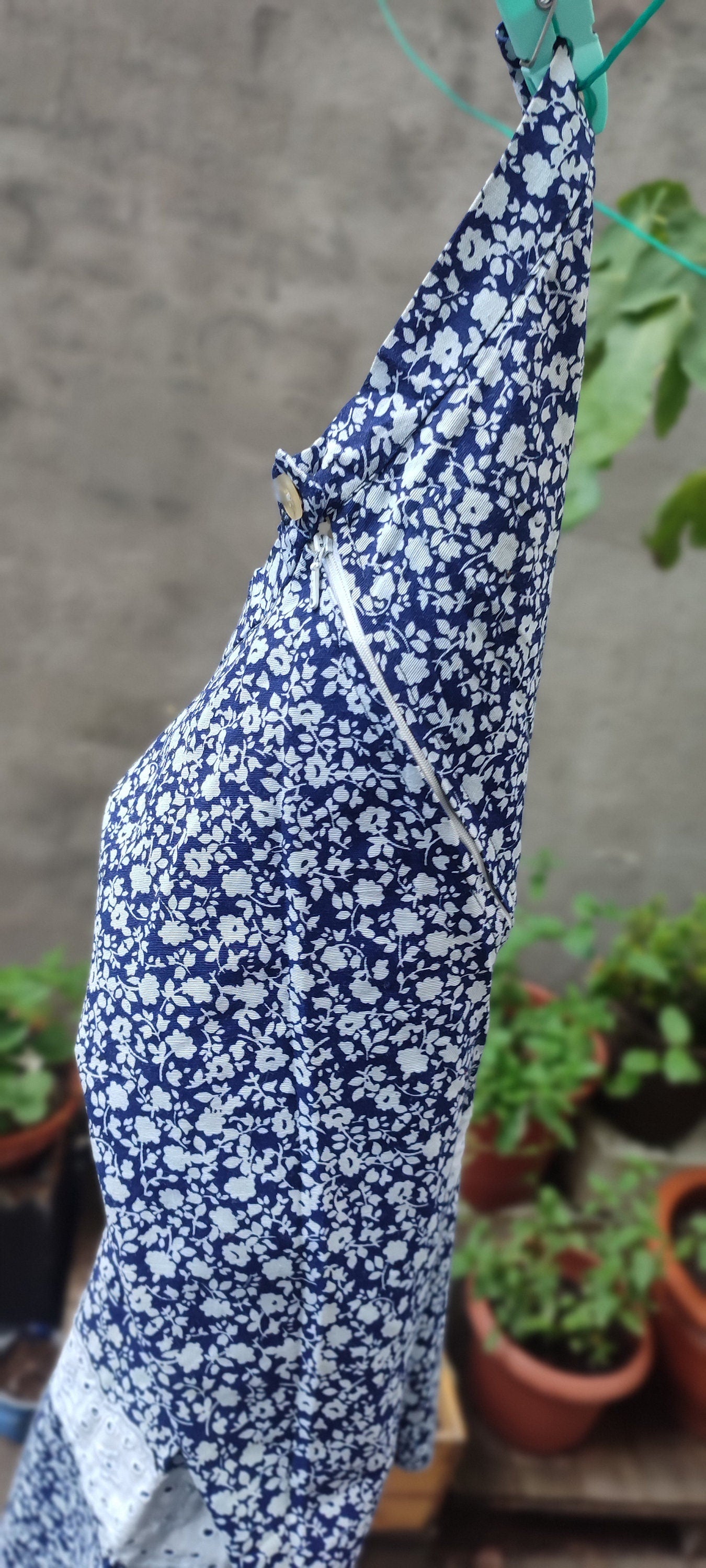Vintage Bohemian Skirt| 70s Floral Print Blue and White Skirt with lace like details Broderie Anglais skirt