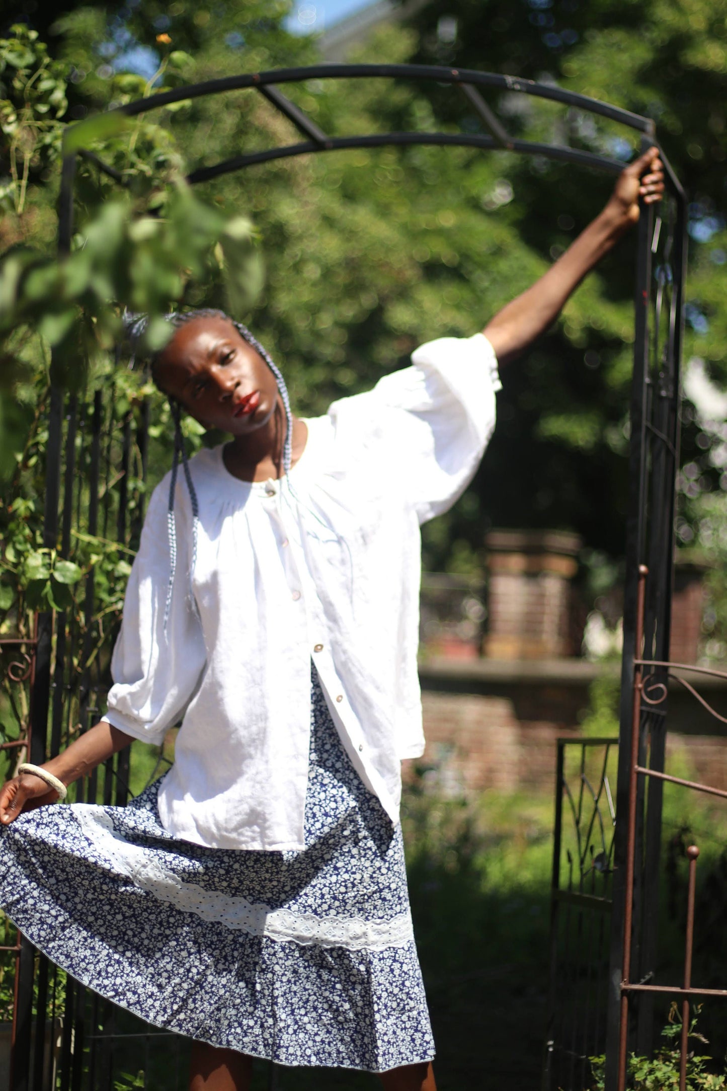 Vintage Bohemian Skirt| 70s Floral Print Blue and White Skirt with lace like details Broderie Anglais skirt