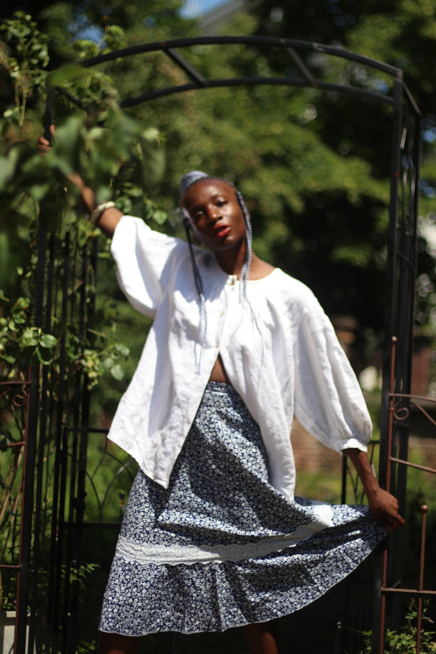 Vintage Bohemian Skirt| 70s Floral Print Blue and White Skirt with lace like details Broderie Anglais skirt