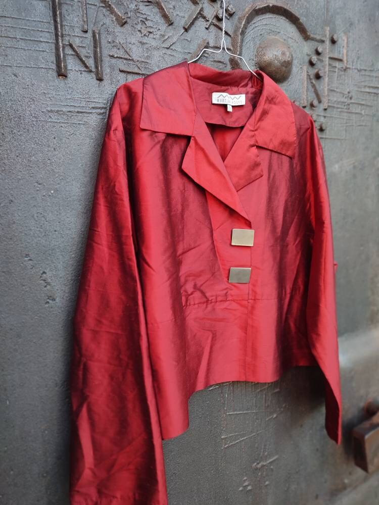 Vintage Martina Wodke red silk evening jacket| 90s glamorous lightweight blazer with statement closure
