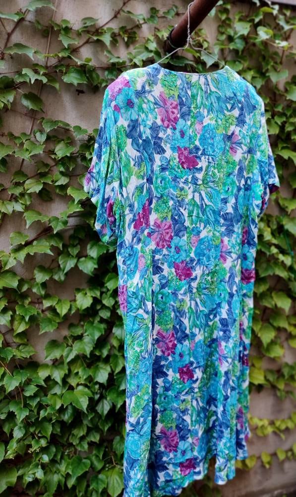 90s Floral Print Dress| Vintage Buttoned down Summer dress in blue
