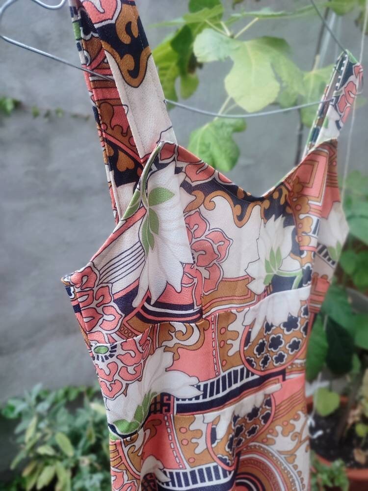 Vintage Trevira Abstract and Floral Print Dress | Retro 70s bold spaghetti strap summer design