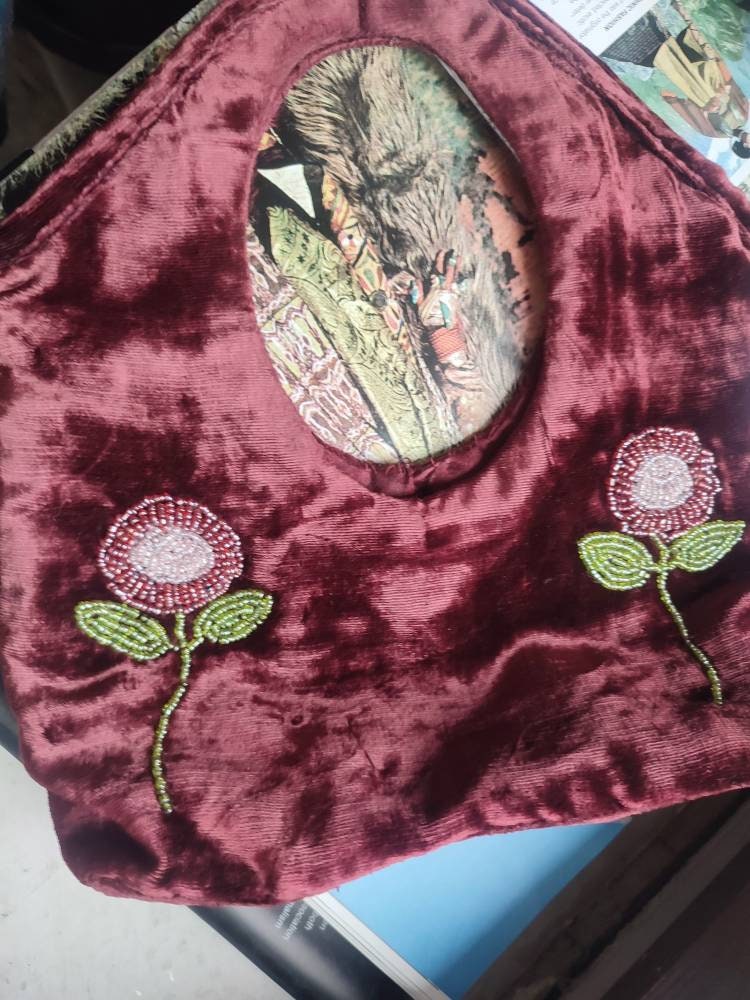 80s velvet-like mini bag | Vintage evening bag with floral sequins