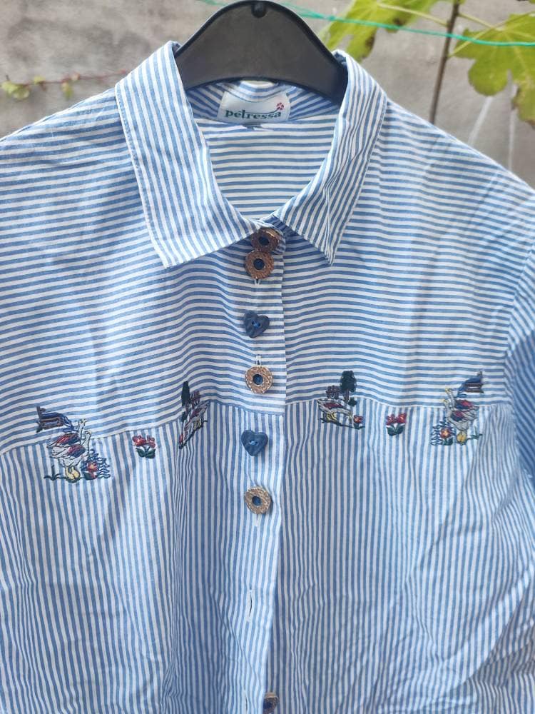 Vintage Petressa Striped Blouse | 80s Striped Blue and White Country Inspired shirt with heart shaped buttons