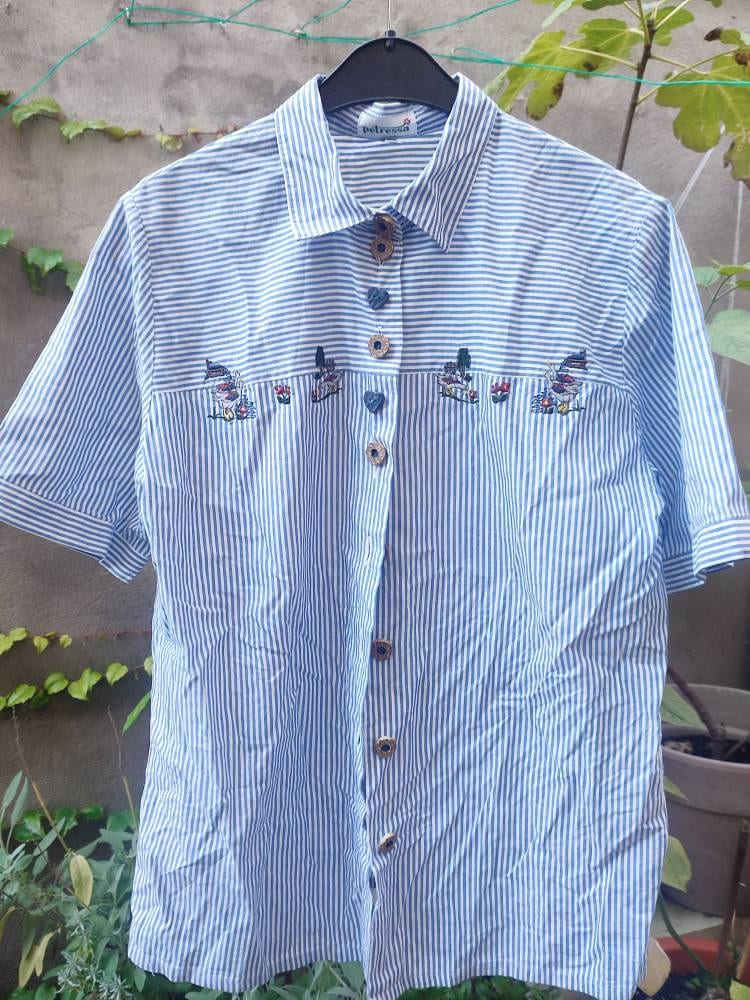 Vintage Petressa Striped Blouse | 80s Striped Blue and White Country Inspired shirt with heart shaped buttons