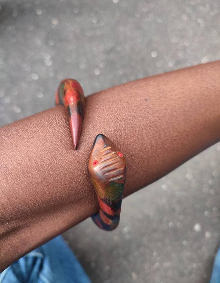 vintage wooden bracelet| Ethnic Snake motif bracelet in brown and red| Bohemian wooden jewellery
