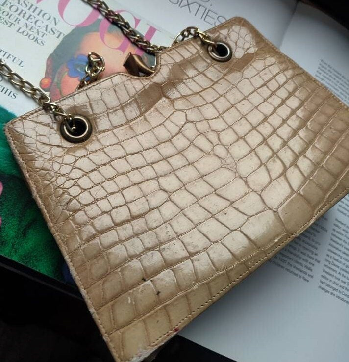 Vintage Bag with Faux exotic skin | Brown compact purse bag with chain strap