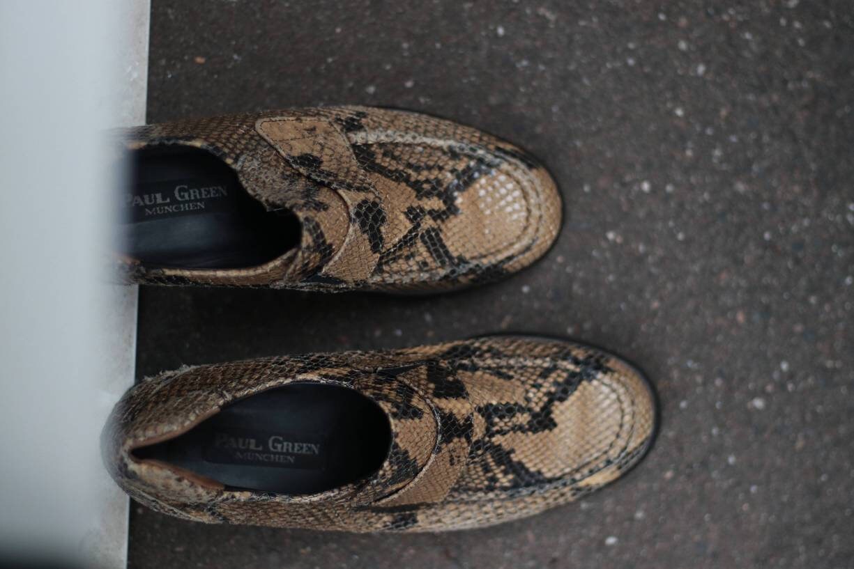 Vintage Paul Green animal print loafers| Brown faux exotic skin Slip ins