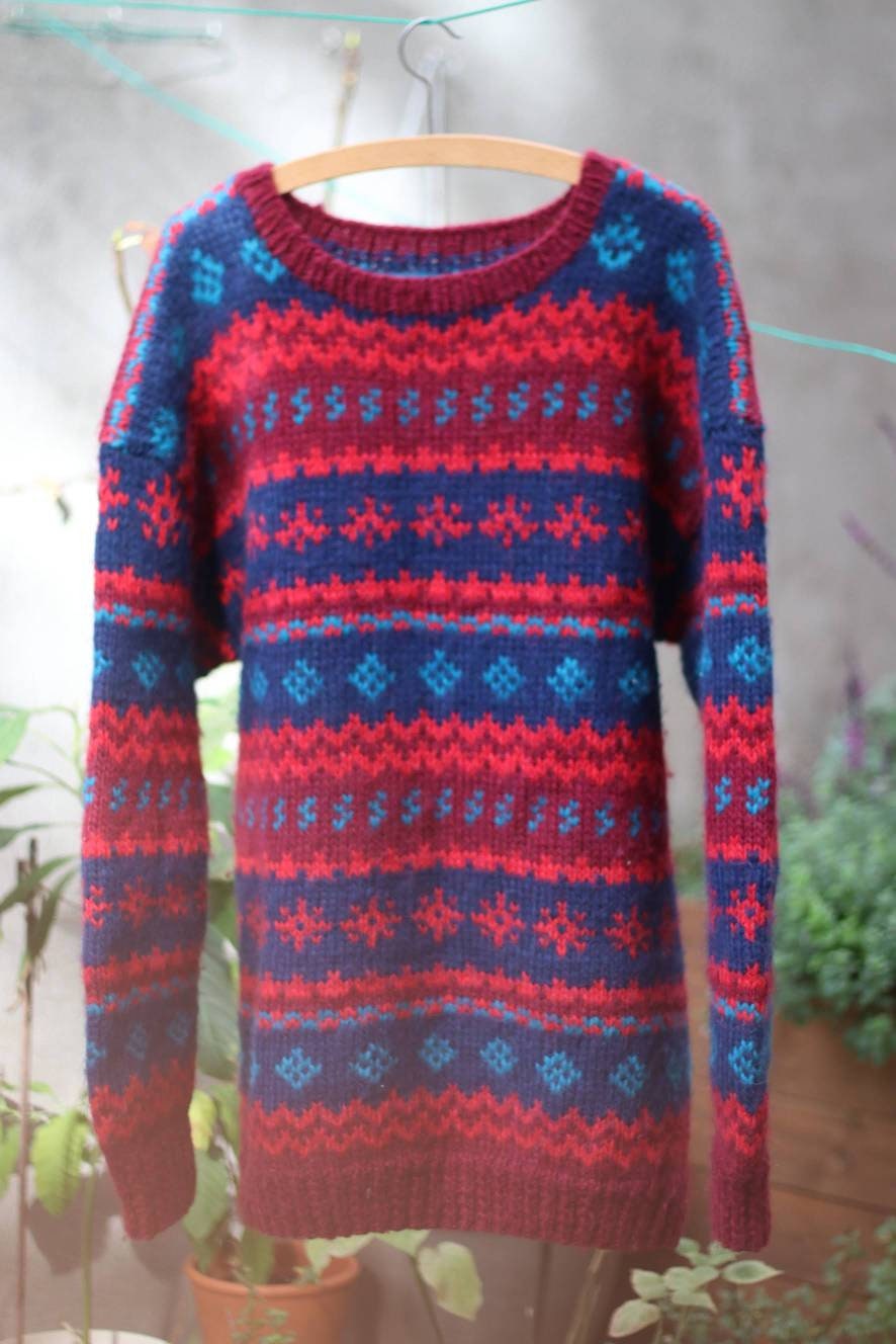 90s Handknitted Winter Sweater| Vintage Wool blend Multicolored Sweater| Women's Scandi style Christmas knit