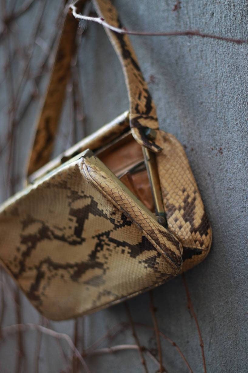 70s snake skin handbag| Vintage brown compact shoulder bag | Mini Leo print bag