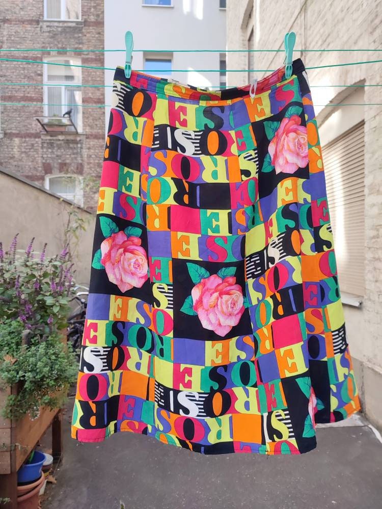 80s bold printed multicolored skirt| logomania vintage bold skirt in red, yellow and black
