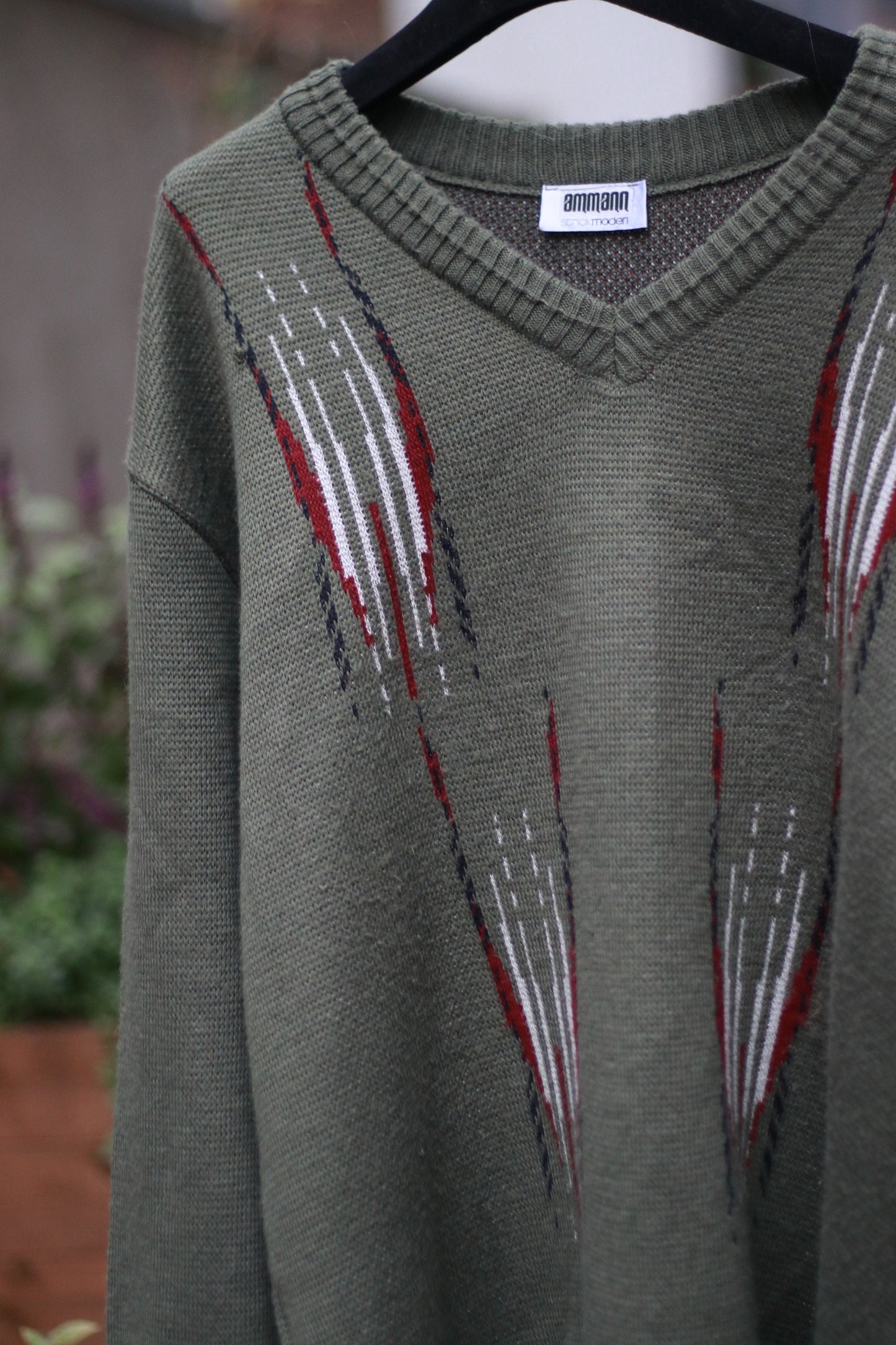 Ammann Strickmodem Green Knit with striped patterns| Vintage 90s long sleeved sweater with white and red details